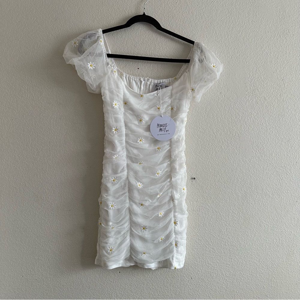 NWT Princess Polly Tuillia White Ruched Mini Dress with Yellow flowers